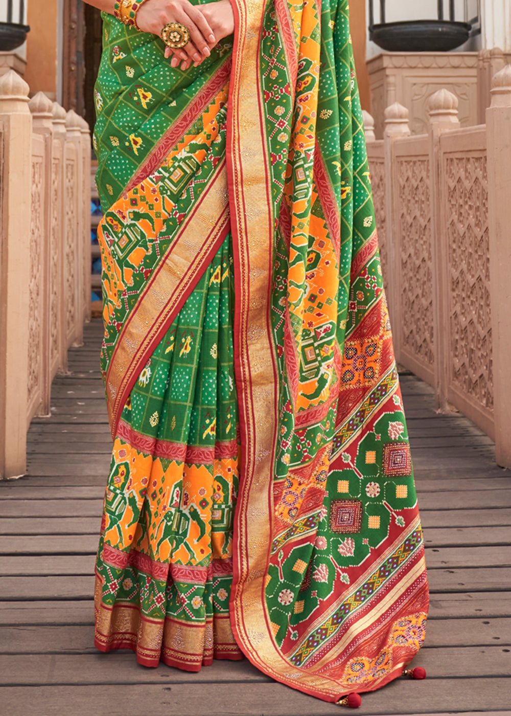 Olivine Green Printed Patola Silk Saree