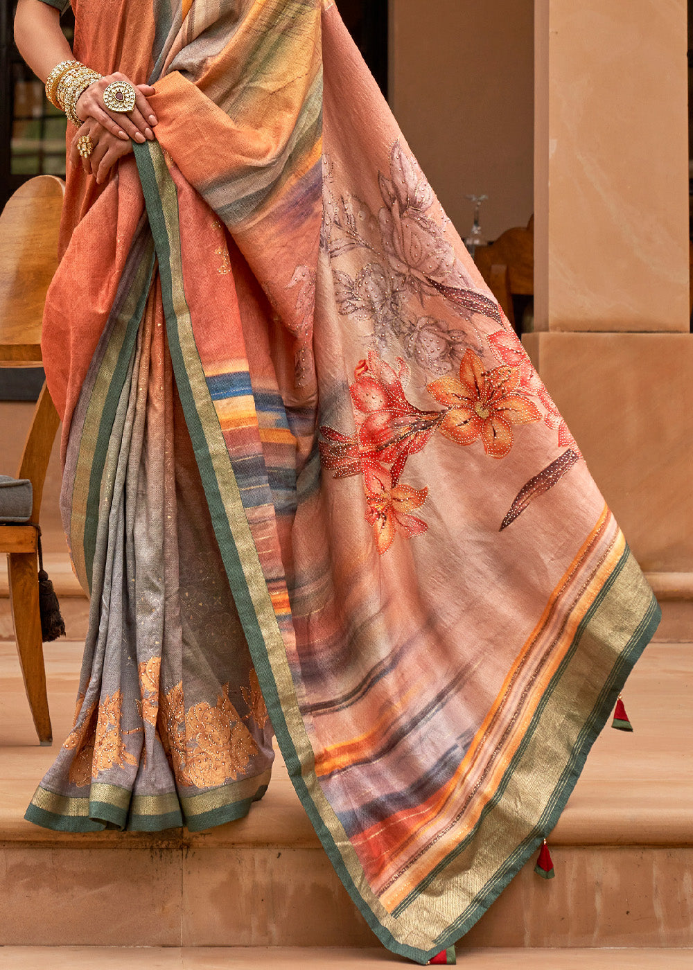 Flesh Peach Printed Patola Soft Silk Saree