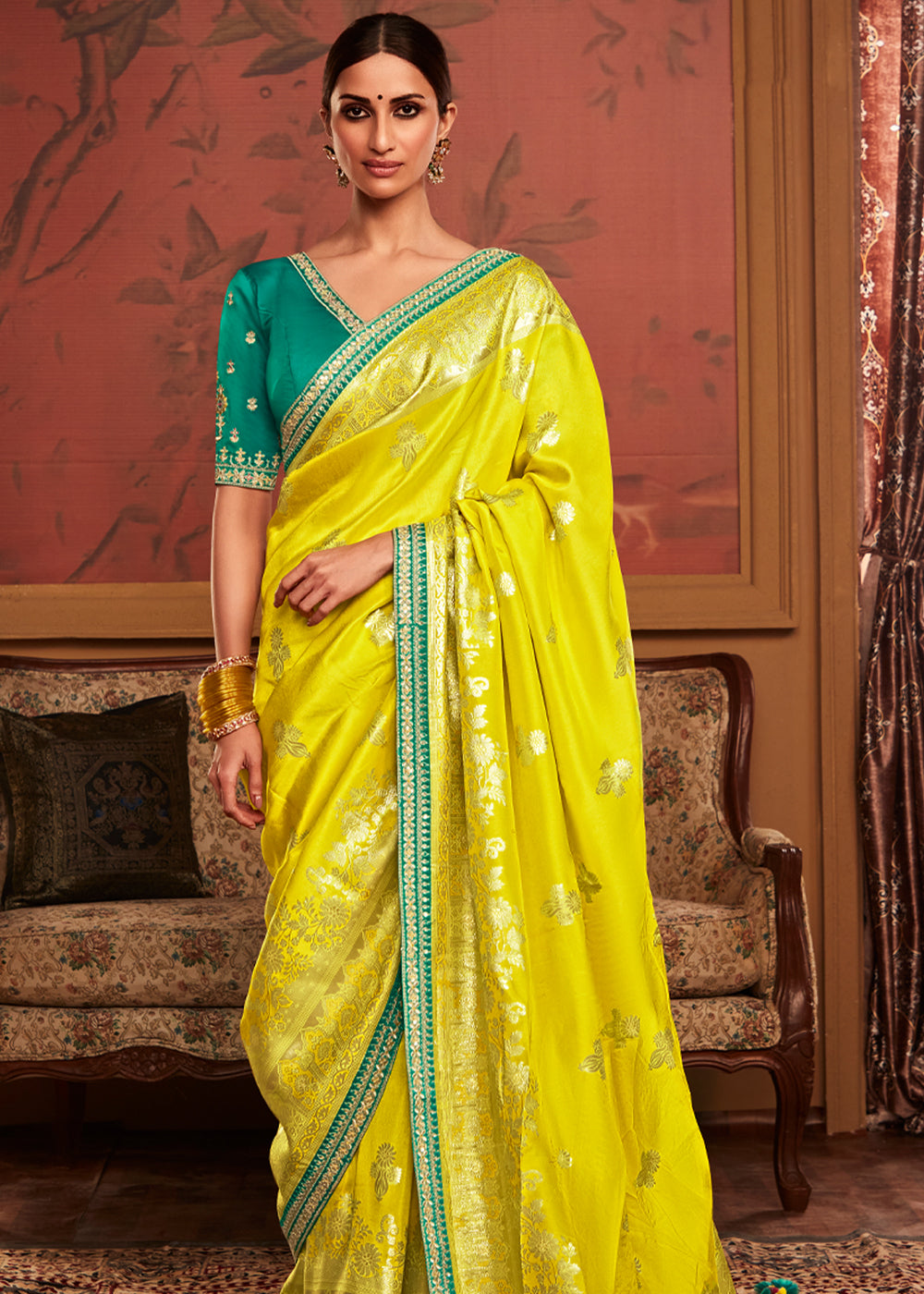 Ripe Lemon Yellow Woven Banarasi Designer Silk Saree With Embroidered Blouse