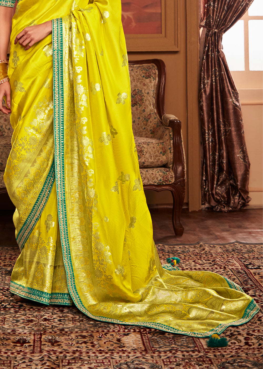 Ripe Lemon Yellow Woven Banarasi Designer Silk Saree With Embroidered Blouse