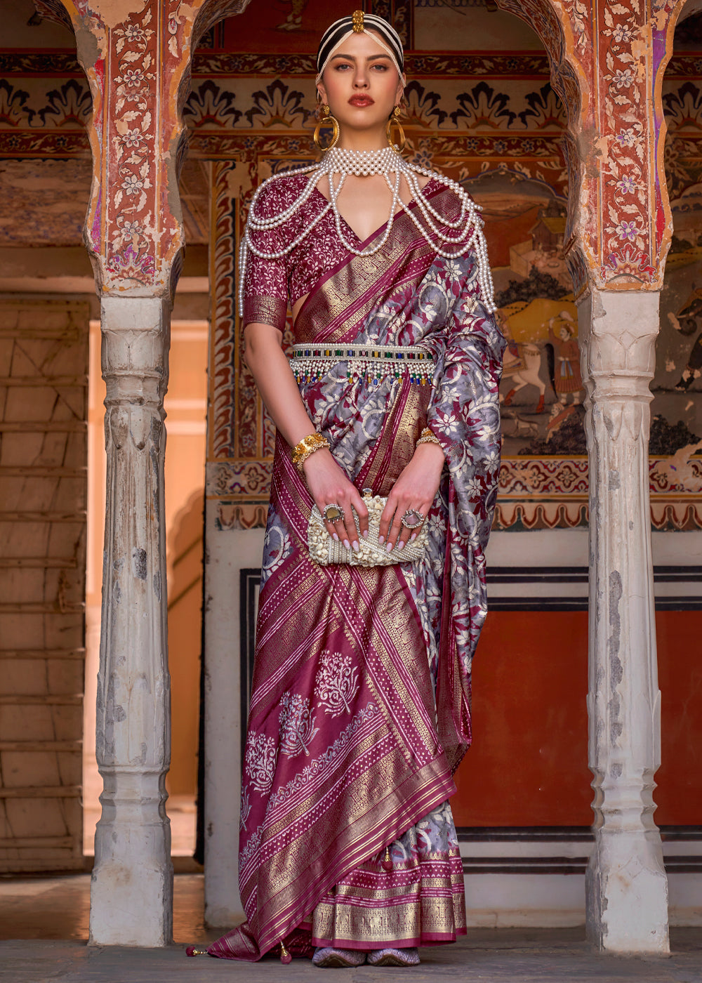 Pewter Grey and Maroon Printed Patola Soft Silk Saree