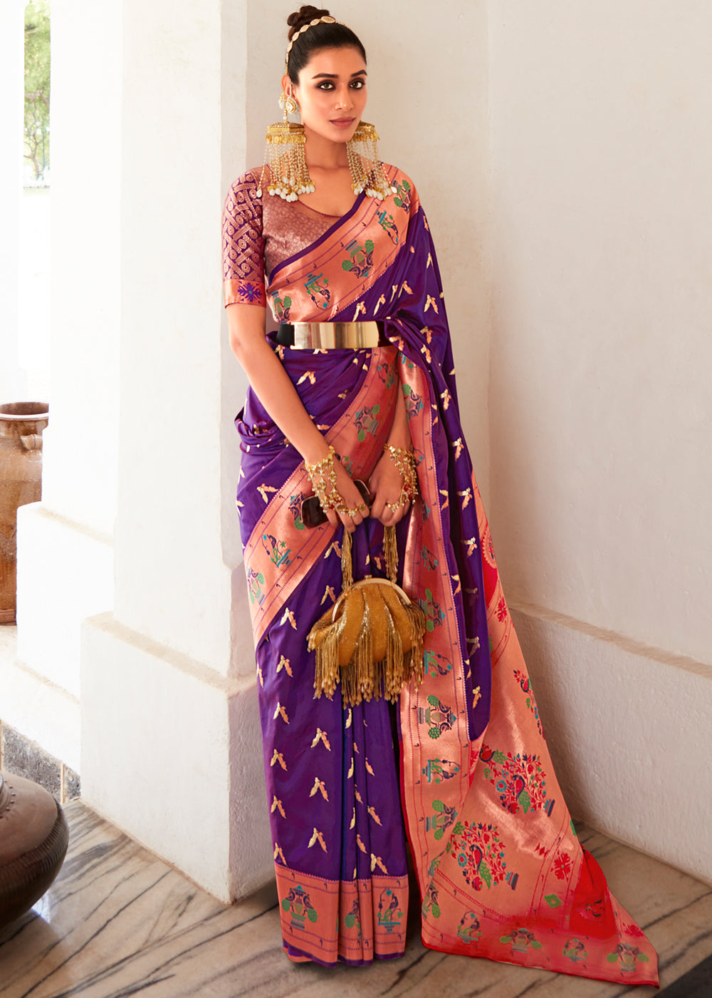 Plum Purple and Pink Zari Woven Paithani Silk Saree