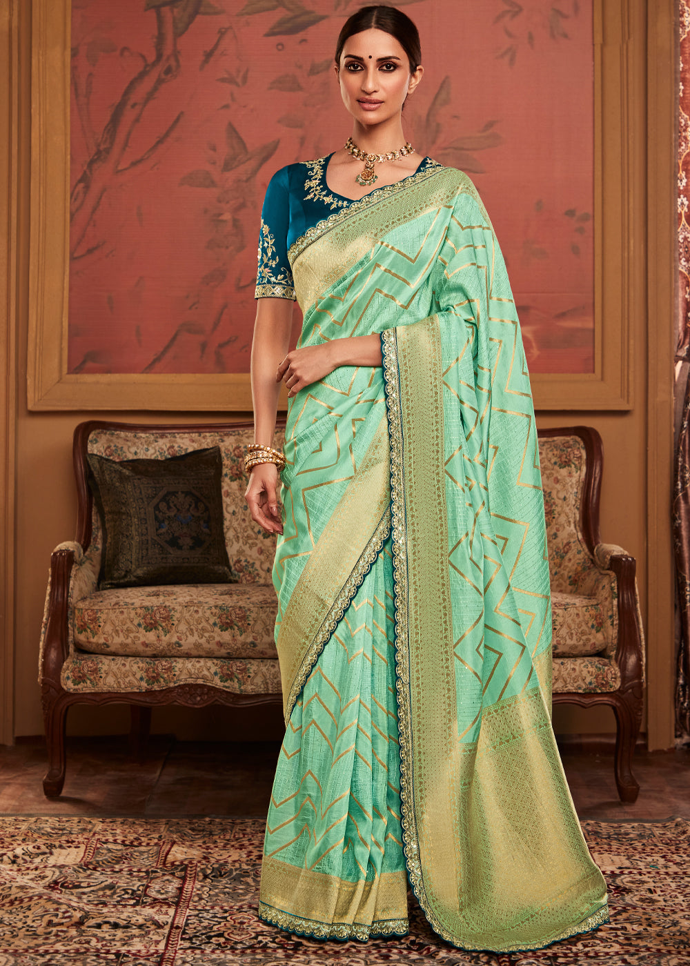 Swamp Green Woven Banarasi Designer Silk Saree With Embroidered Blouse