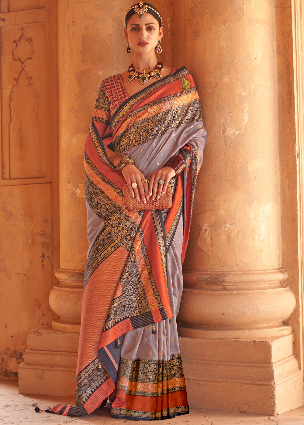 Kabul Grey Woven Patola Soft Silk Saree