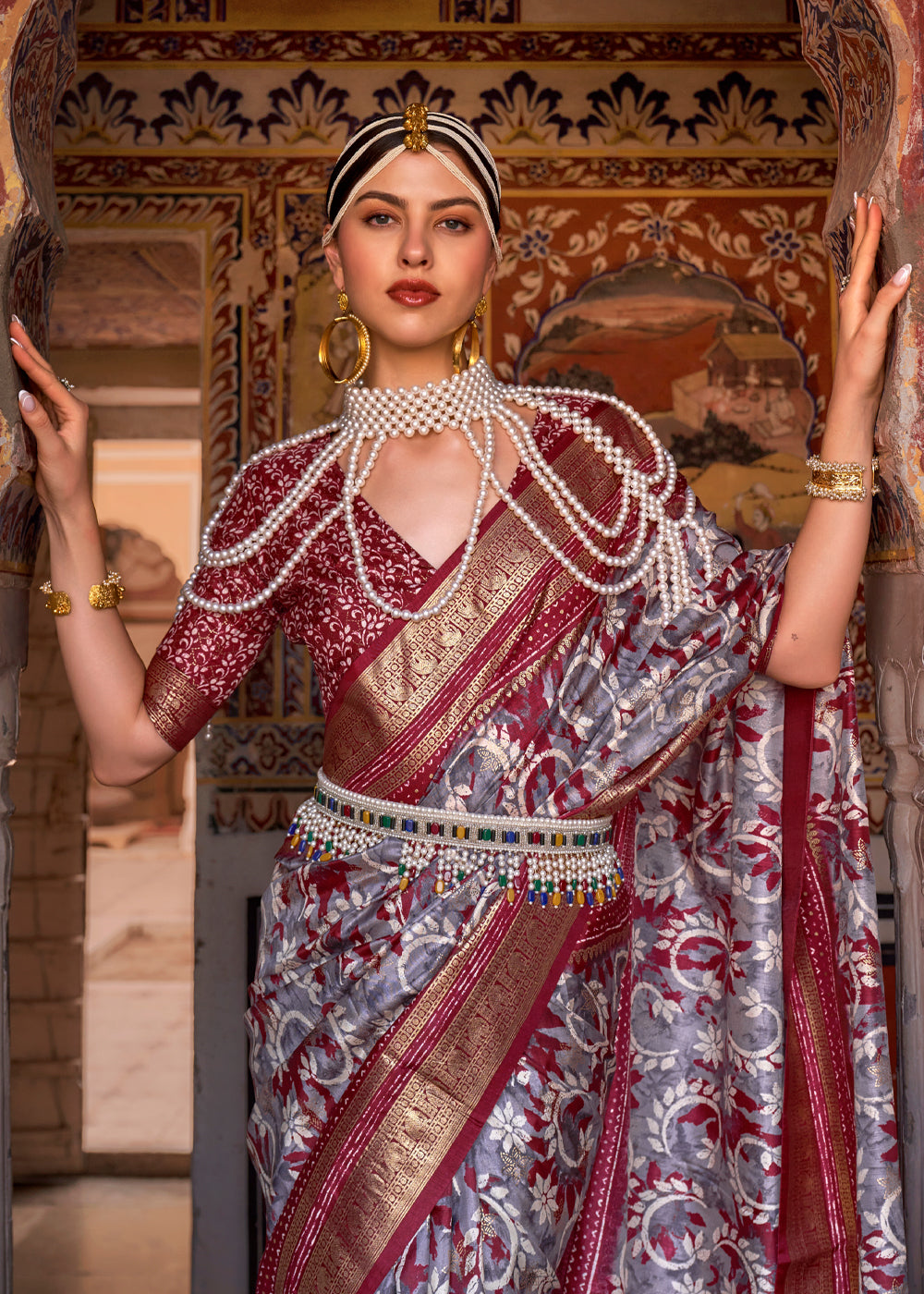 Pewter Grey and Maroon Printed Patola Soft Silk Saree