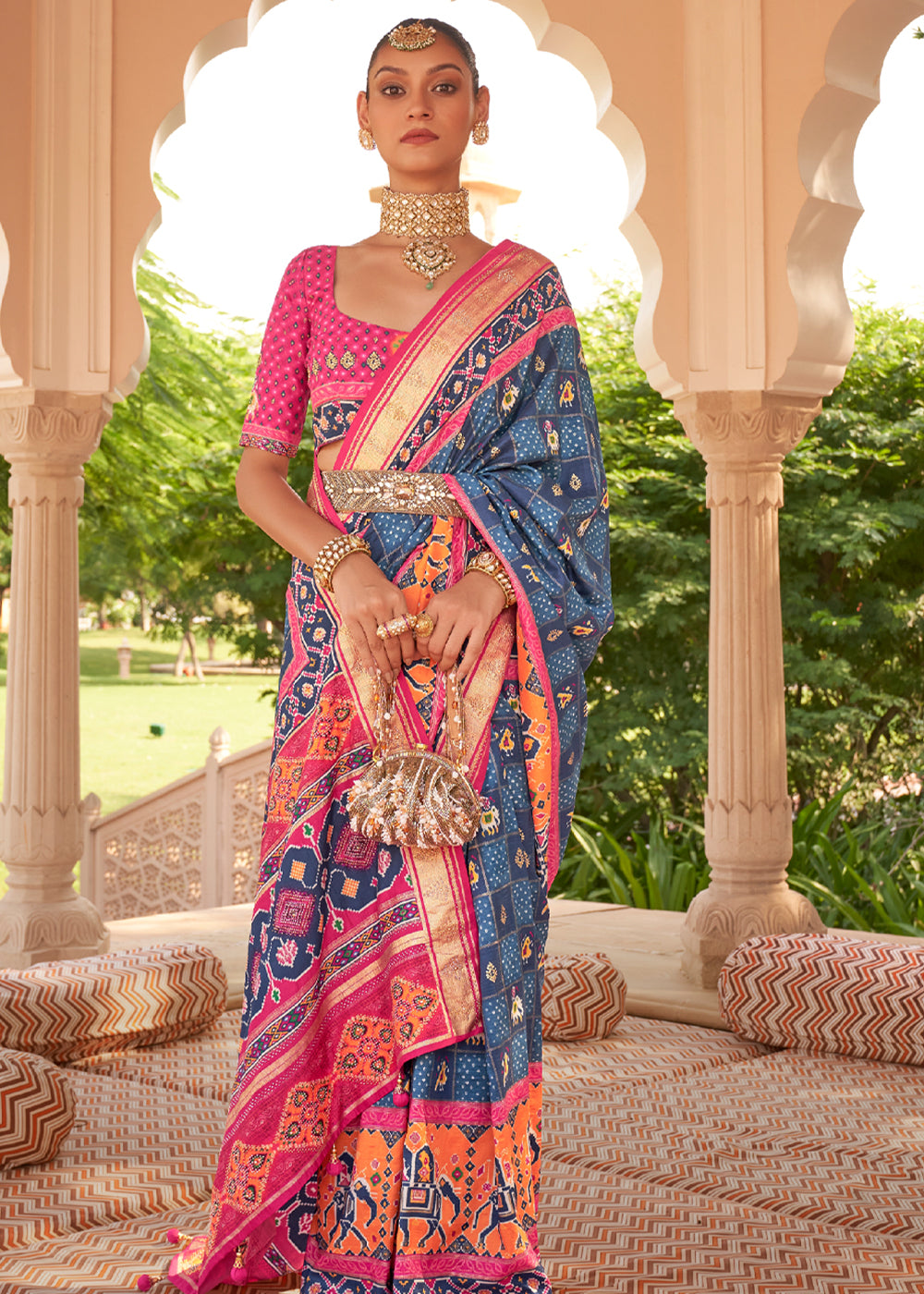 Horizon Blue Printed Patola Silk Saree