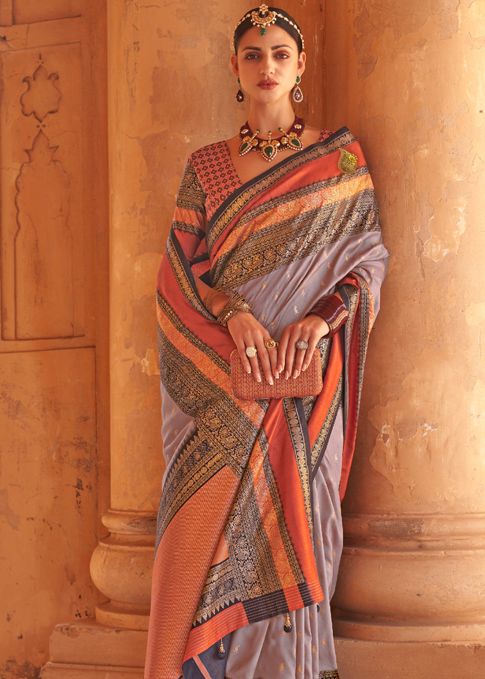 Kabul Grey Woven Patola Soft Silk Saree