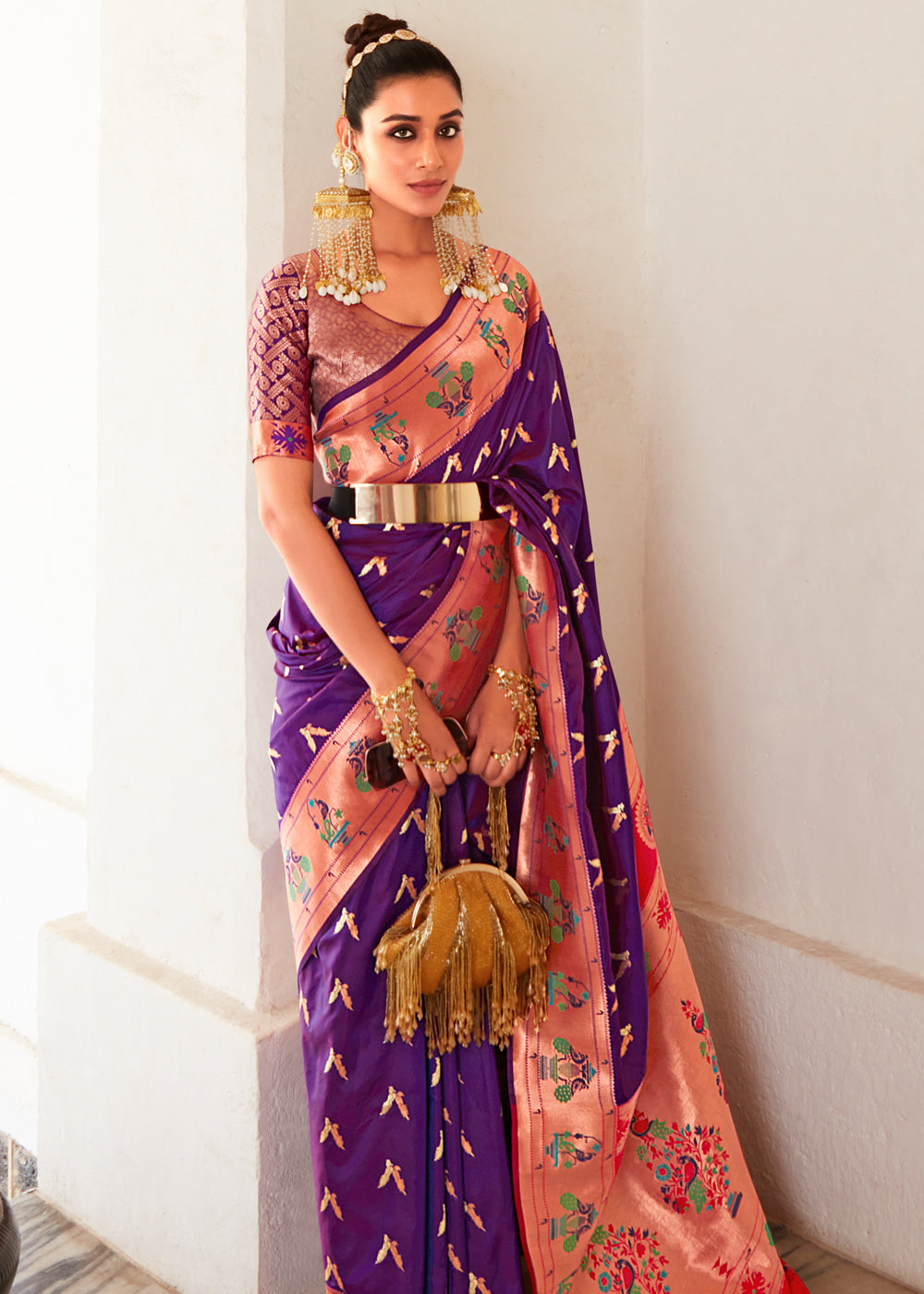 Plum Purple and Pink Zari Woven Paithani Silk Saree