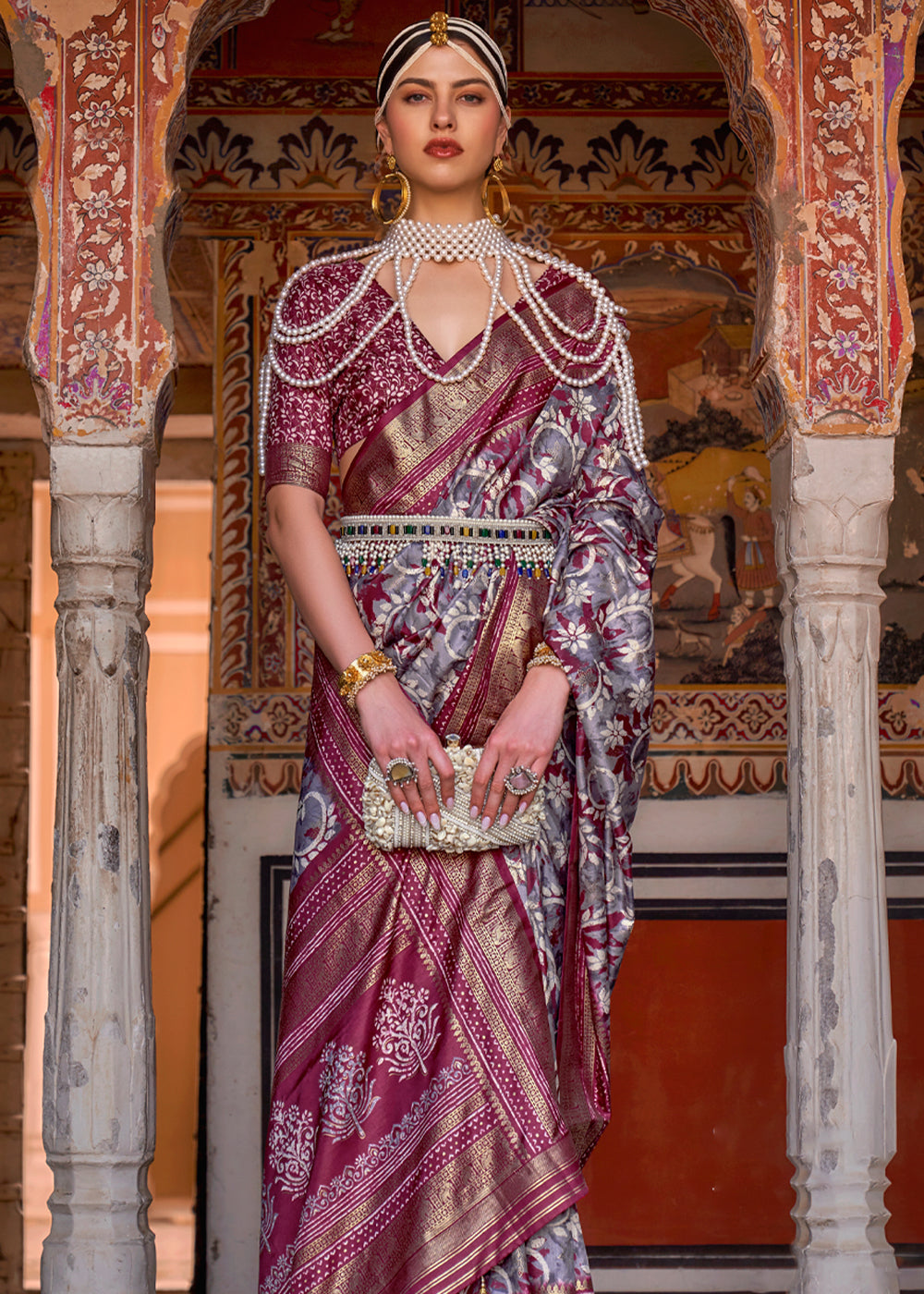 Pewter Grey and Maroon Printed Patola Soft Silk Saree