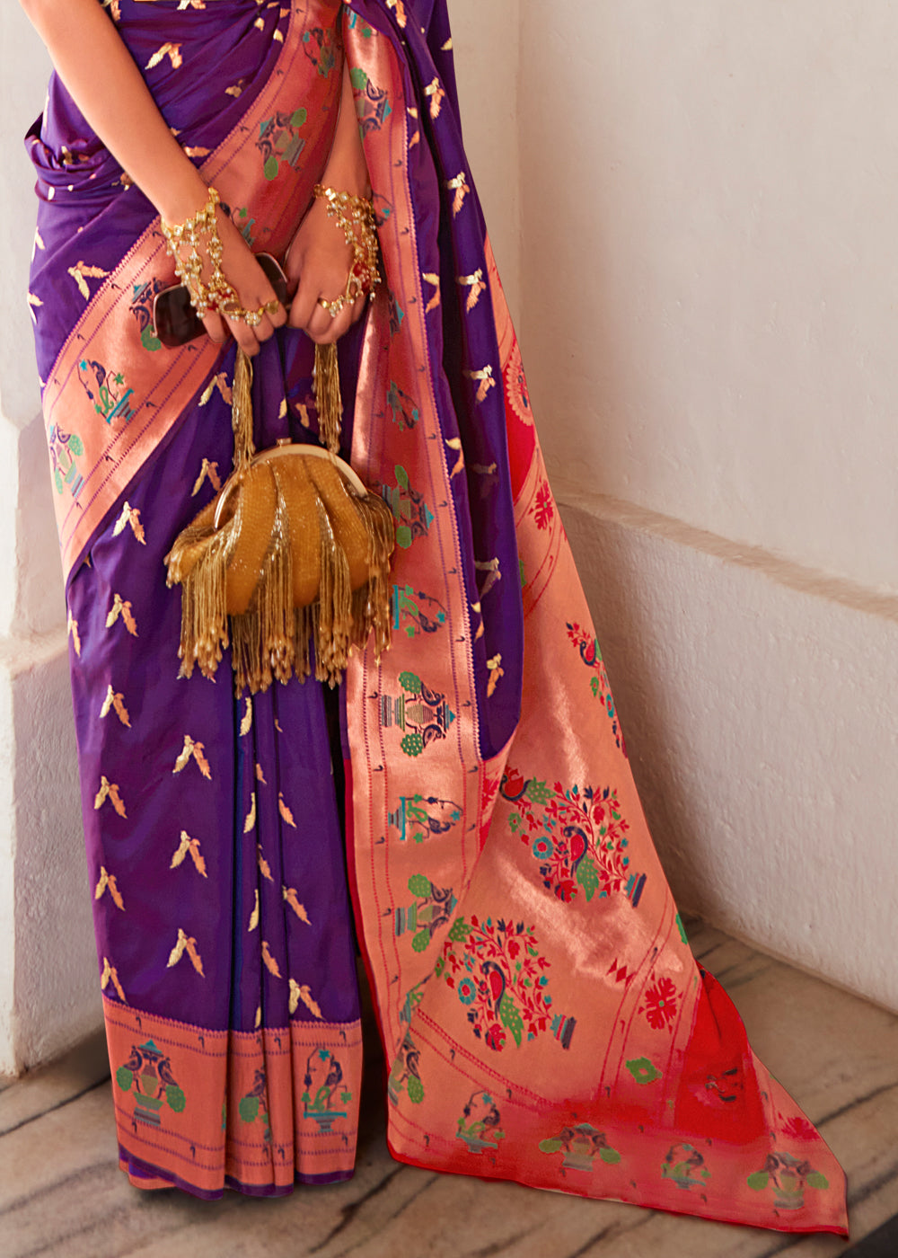 Plum Purple and Pink Zari Woven Paithani Silk Saree