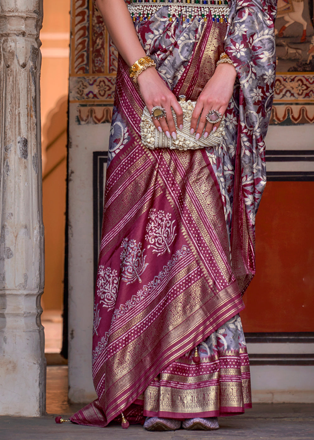 Pewter Grey and Maroon Printed Patola Soft Silk Saree