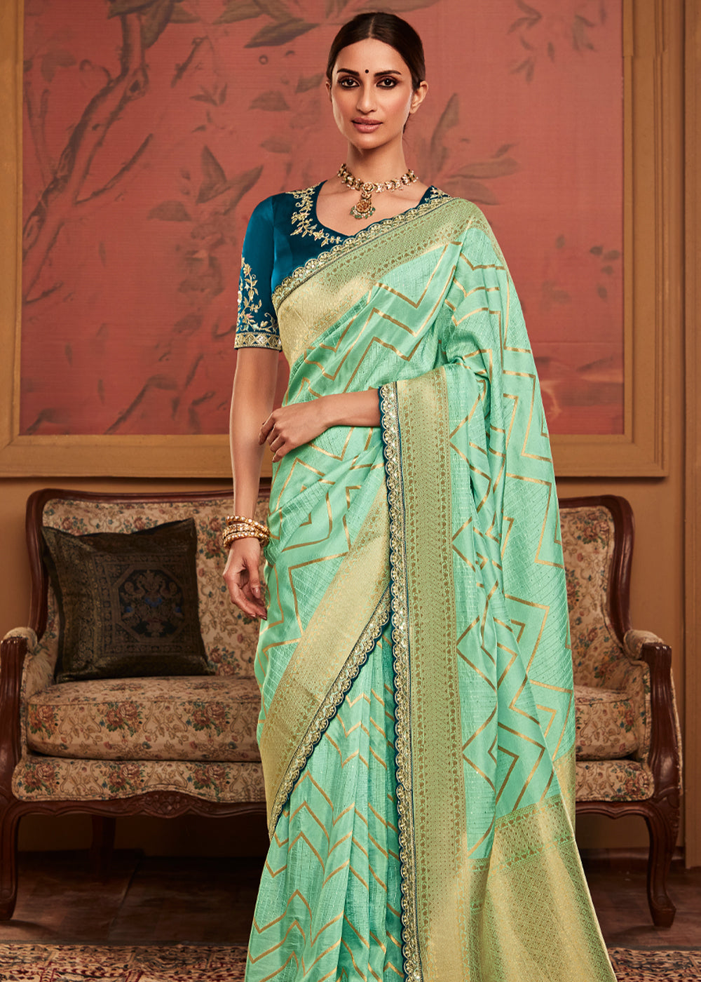 Swamp Green Woven Banarasi Designer Silk Saree With Embroidered Blouse