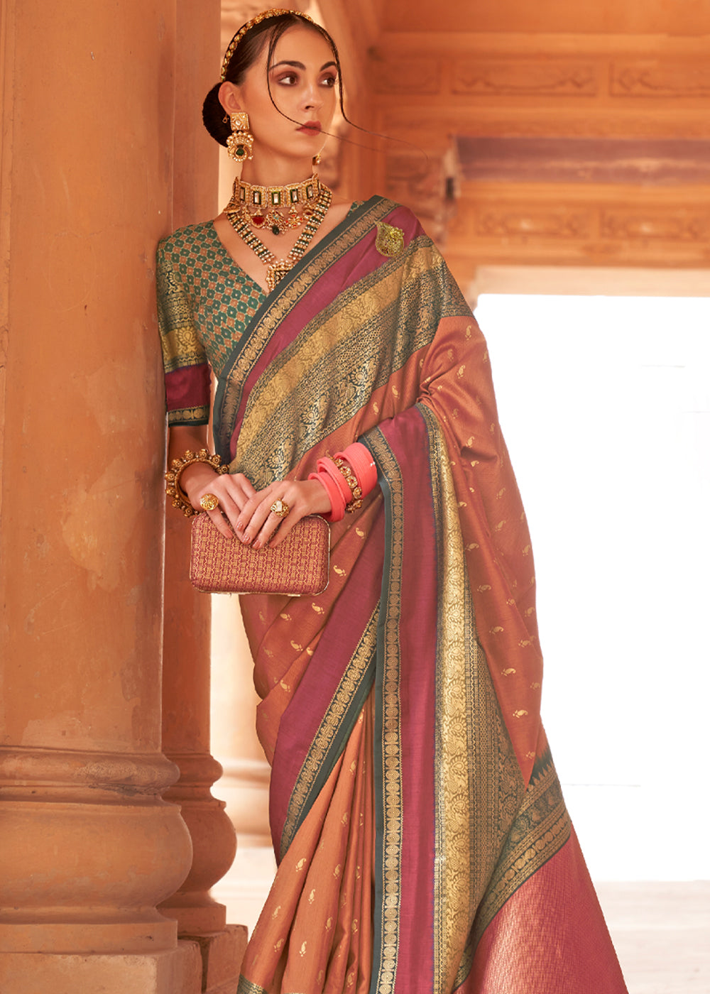 Crail Brown Woven Patola Soft Silk Saree