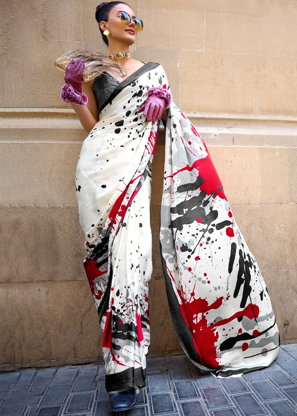 Black White Printed Satin Crepe Sarees