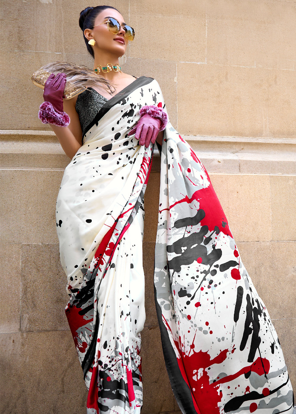 Black White Printed Satin Crepe Sarees