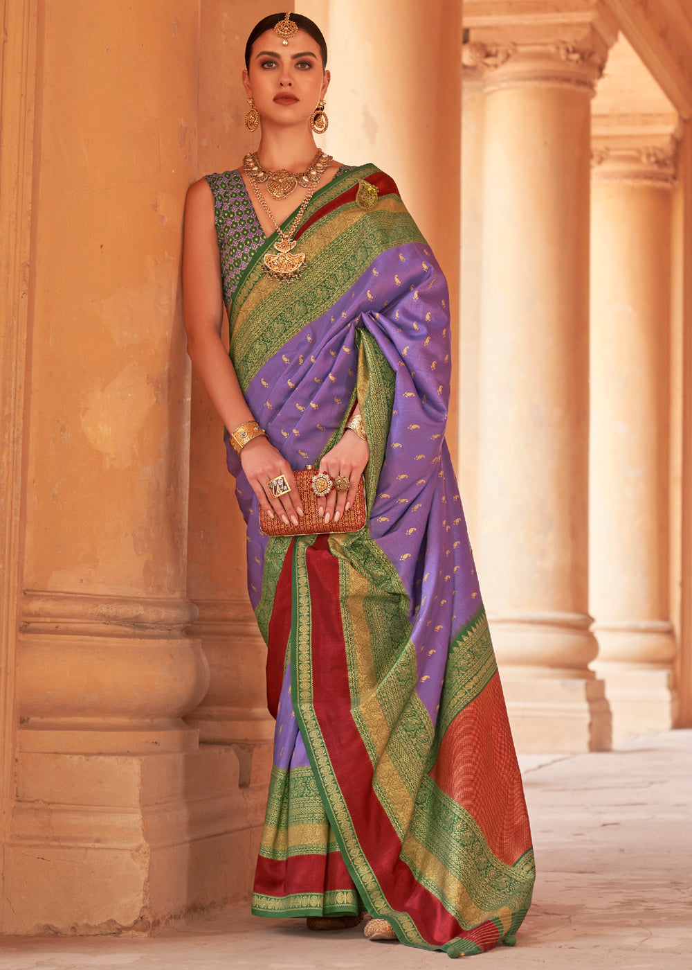 Strikemaster Purple and Green Woven Patola Soft Silk Saree