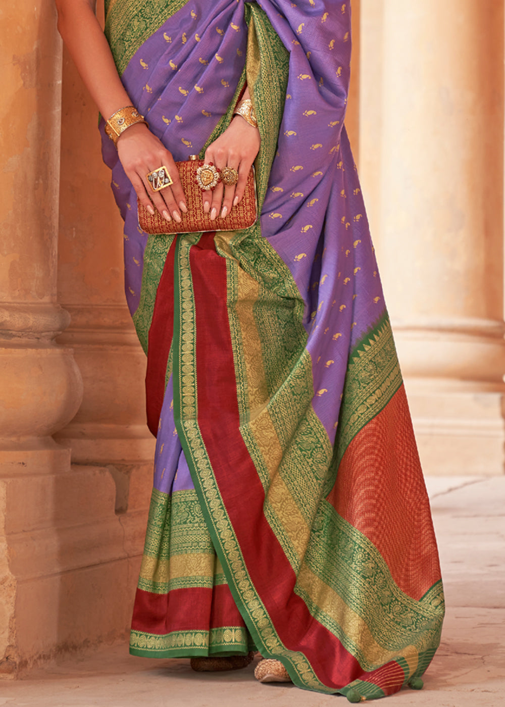 Strikemaster Purple and Green Woven Patola Soft Silk Saree