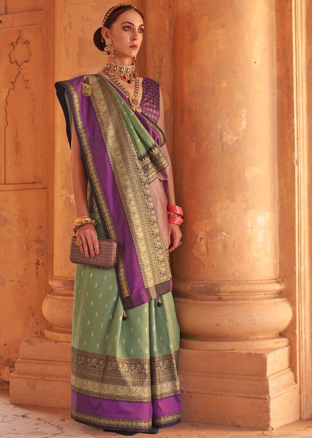 Go Ben Green and Purple Woven Patola Soft Silk Saree