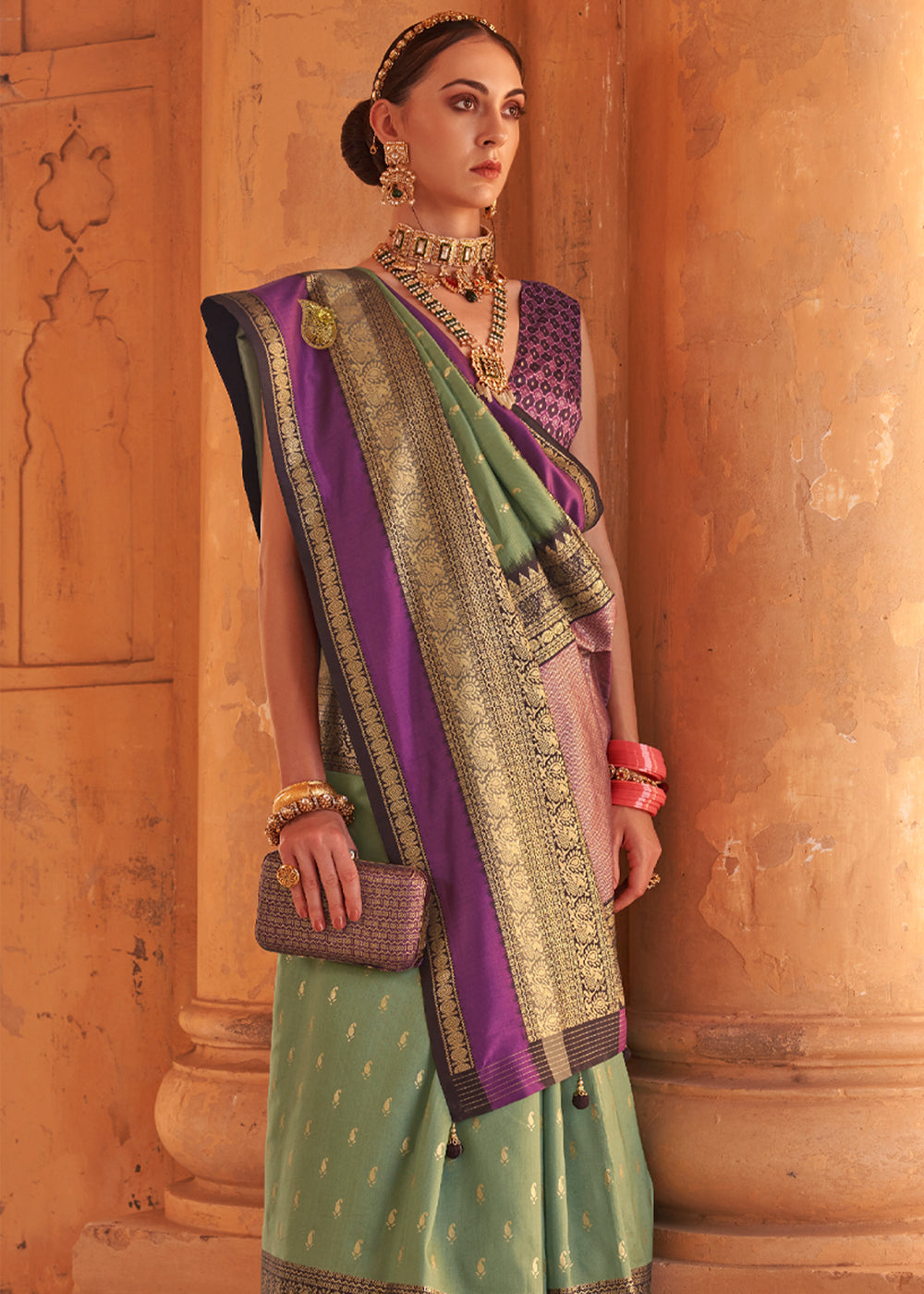 Go Ben Green and Purple Woven Patola Soft Silk Saree