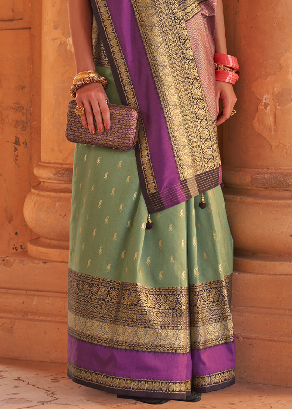 Go Ben Green and Purple Woven Patola Soft Silk Saree