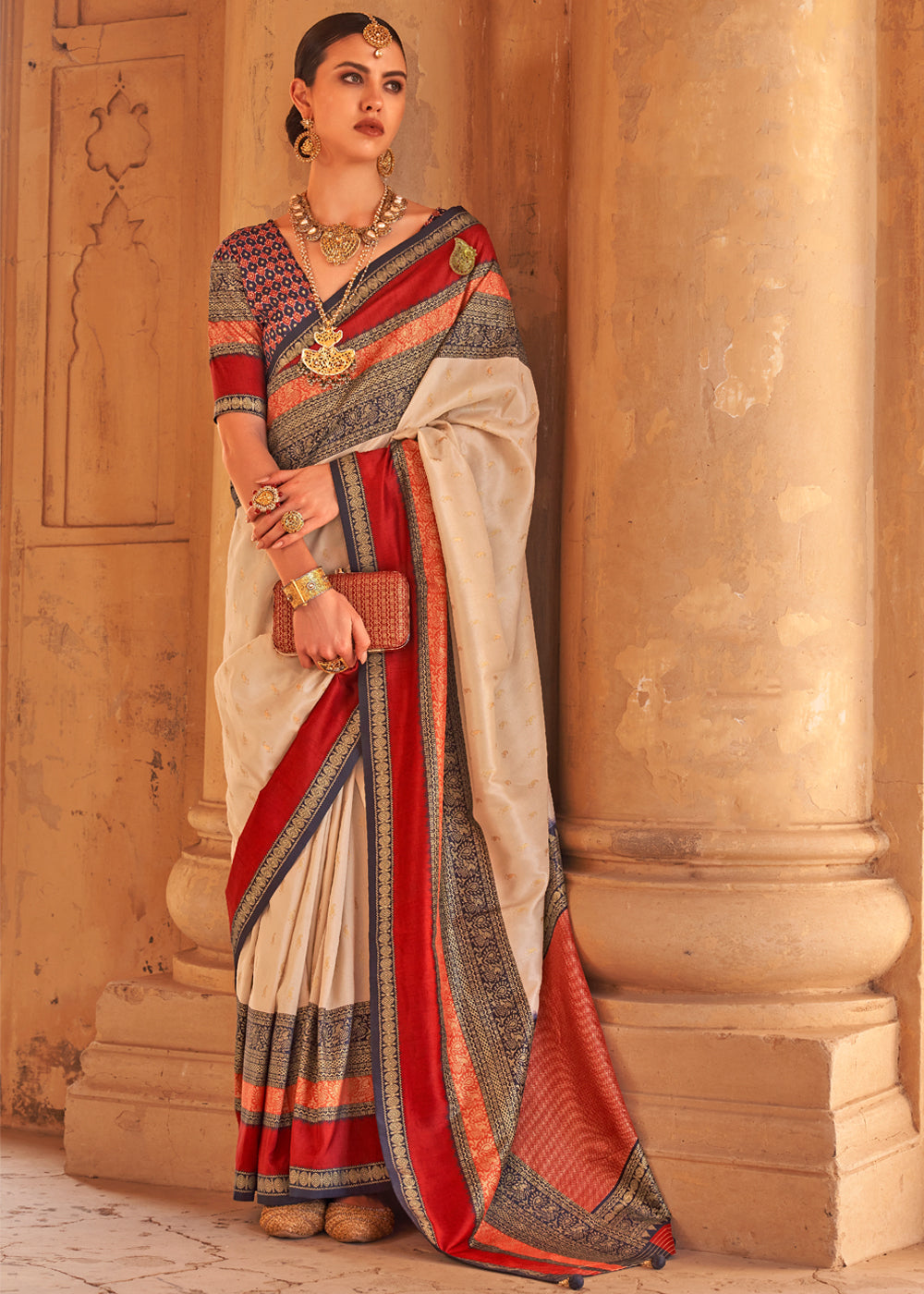 Wheat Cream Woven Patola Soft Silk Saree