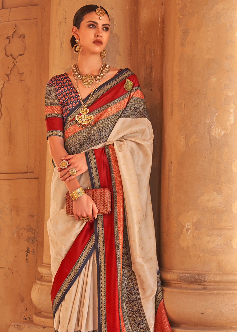 Wheat Cream Woven Patola Soft Silk Saree