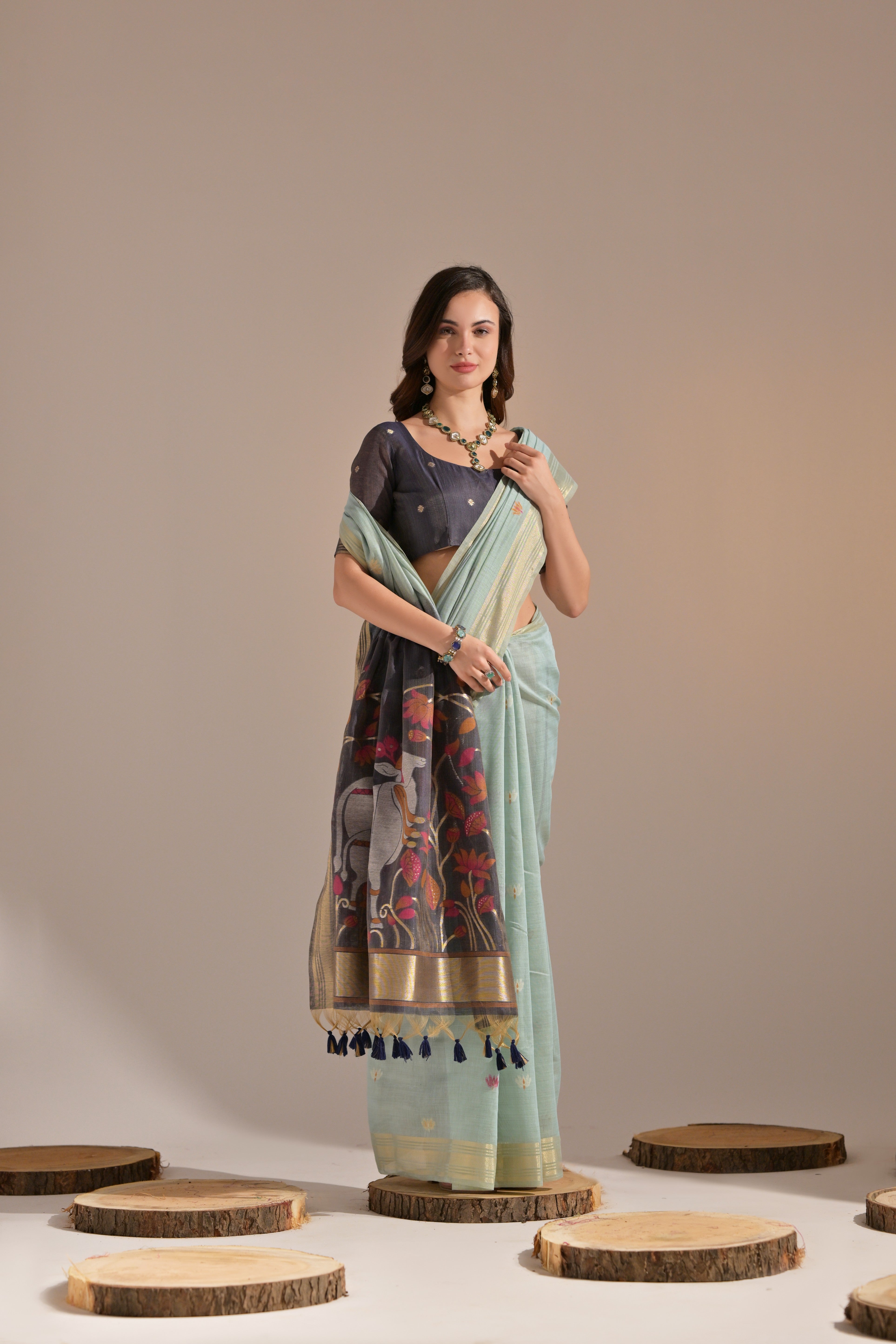 Neptune Blue Woven Muga Cotton Saree