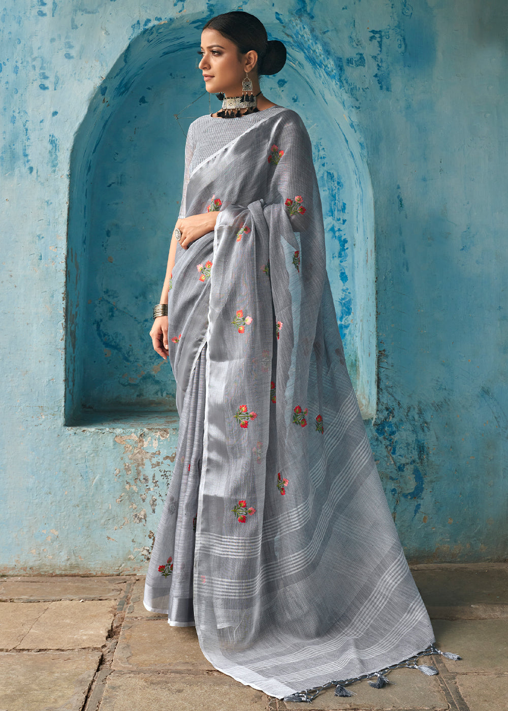 Jumbo Grey Floral Embroidered Linen Saree