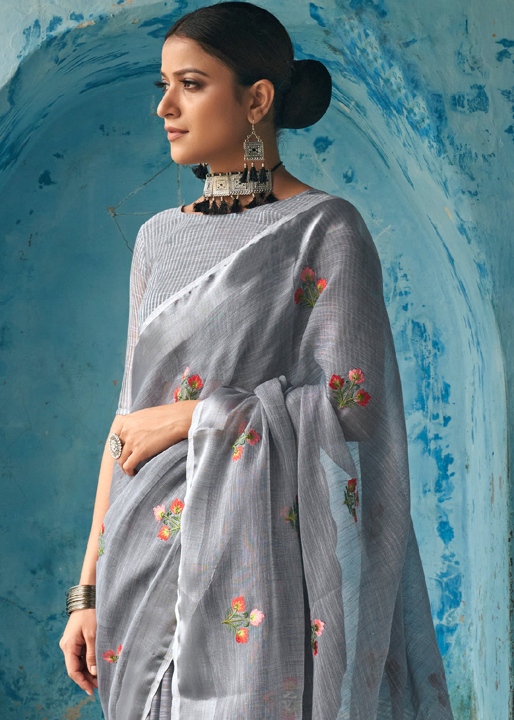 Jumbo Grey Floral Embroidered Linen Saree