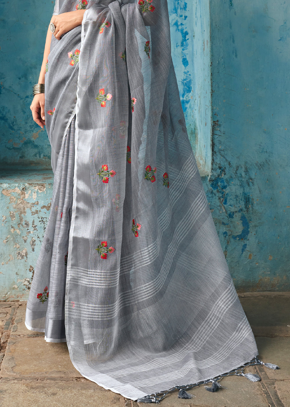 Jumbo Grey Floral Embroidered Linen Saree