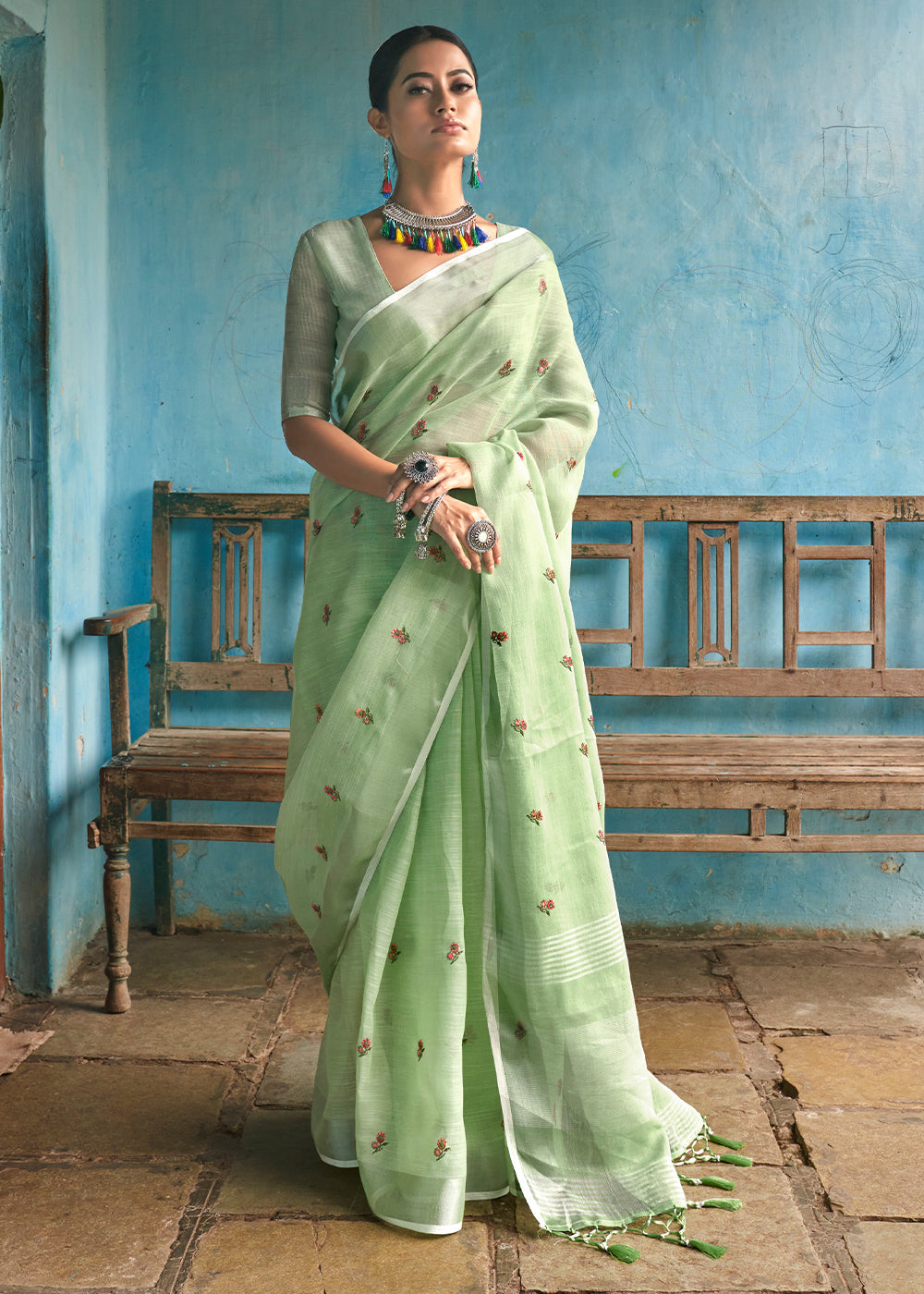 Battleship Green Floral Embroidered Linen Saree