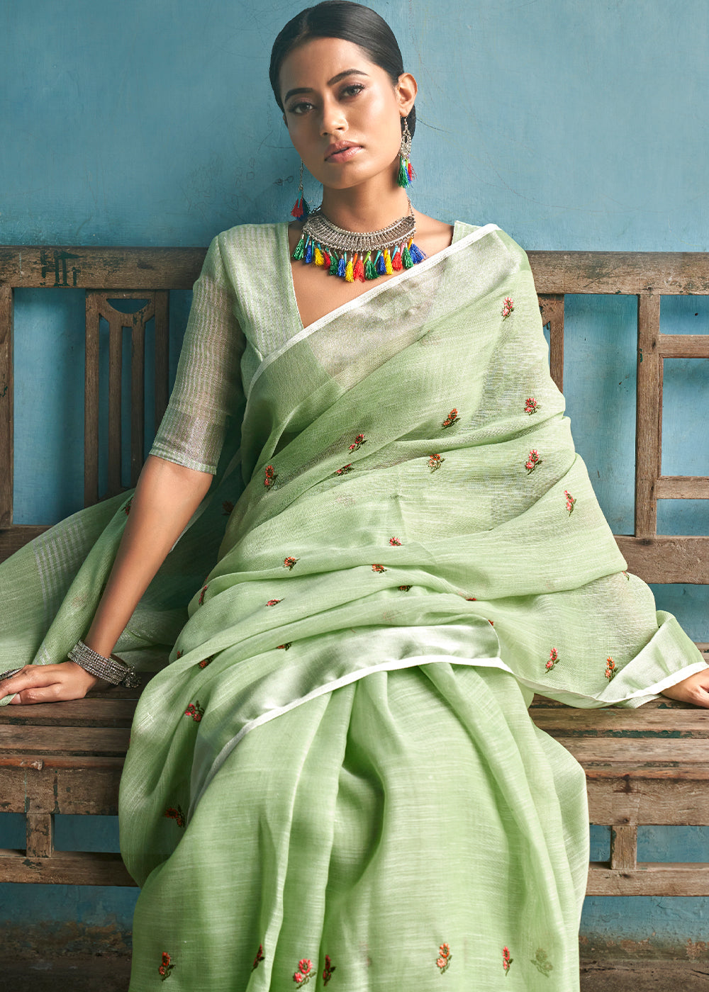 Battleship Green Floral Embroidered Linen Saree