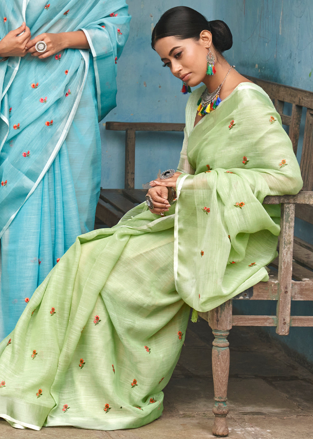 Battleship Green Floral Embroidered Linen Saree