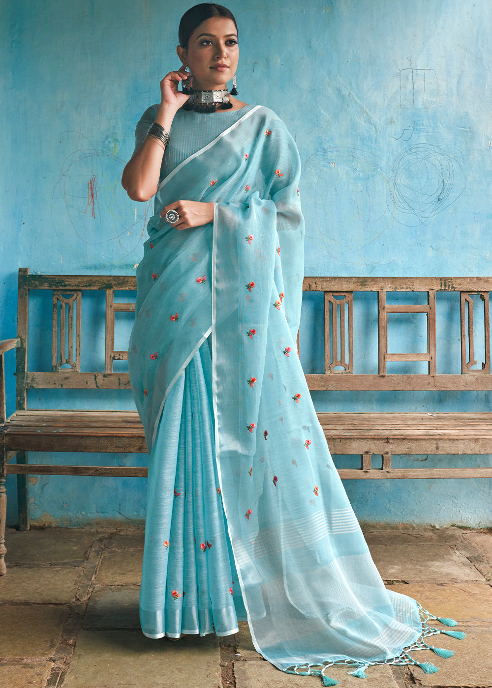 Glacier Blue Floral Embroidered Linen Saree