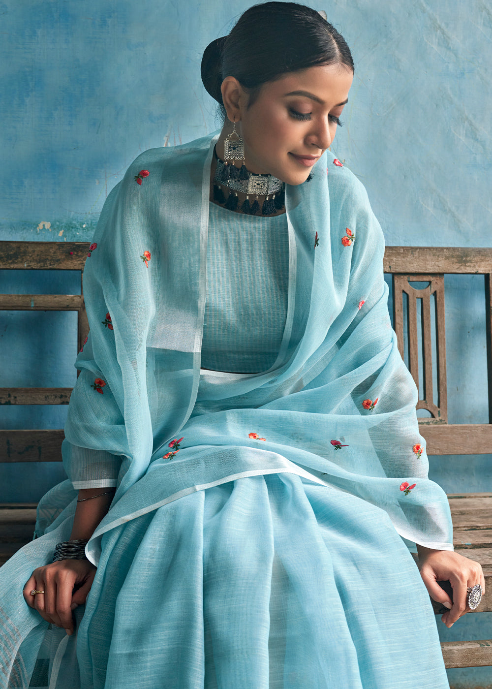 Glacier Blue Floral Embroidered Linen Saree