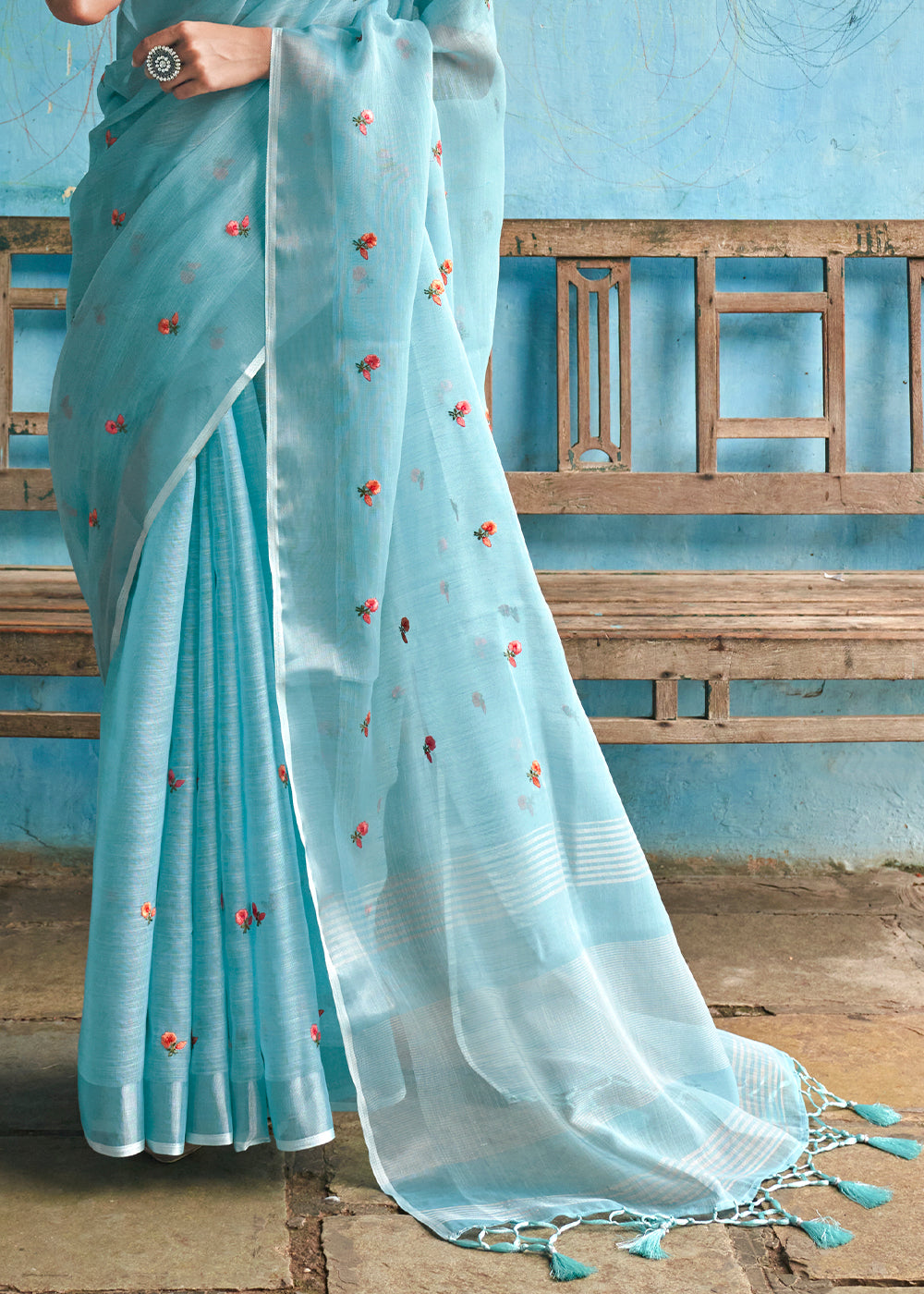 Glacier Blue Floral Embroidered Linen Saree