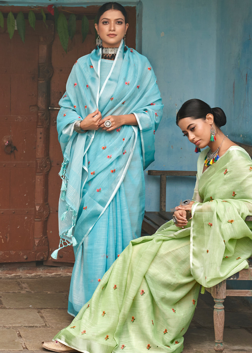 Glacier Blue Floral Embroidered Linen Saree