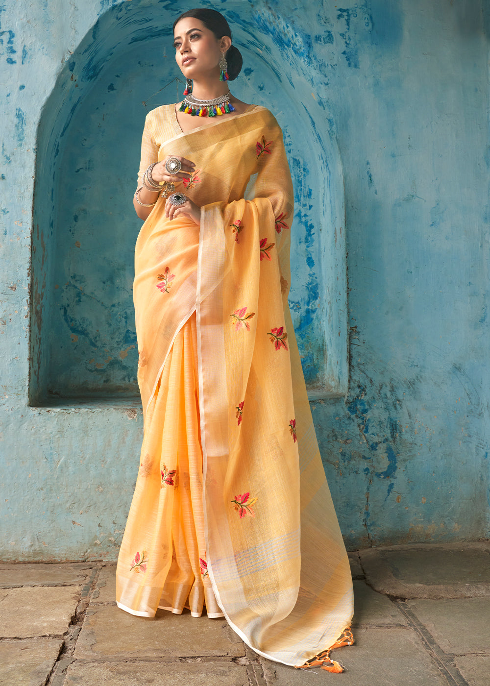 Rob Roy Orange Floral Embroidered Linen Saree