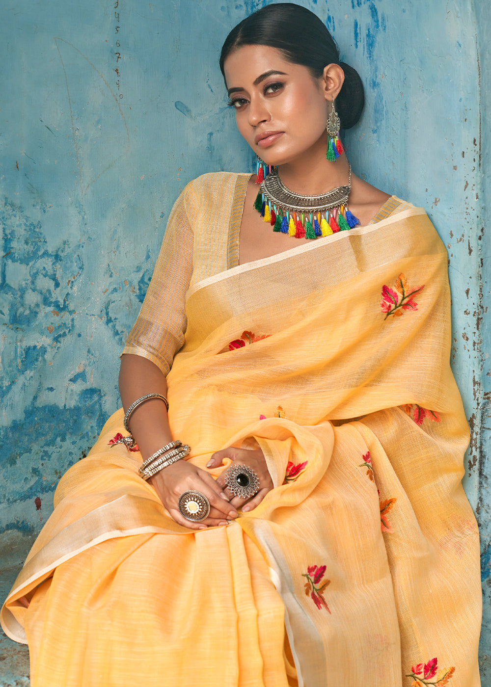 Rob Roy Orange Floral Embroidered Linen Saree