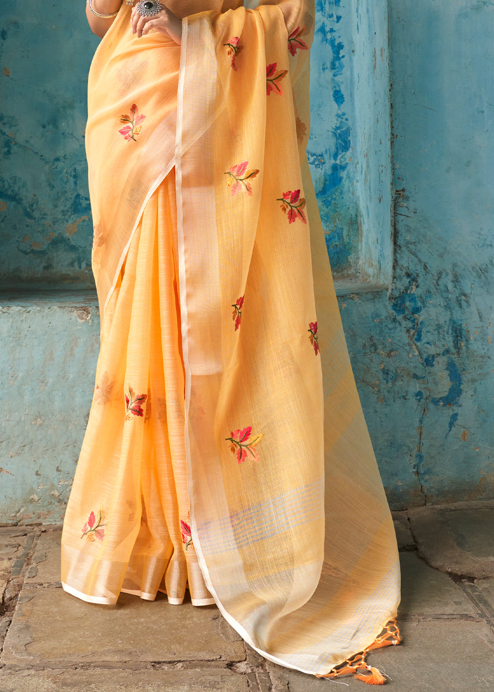 Rob Roy Orange Floral Embroidered Linen Saree