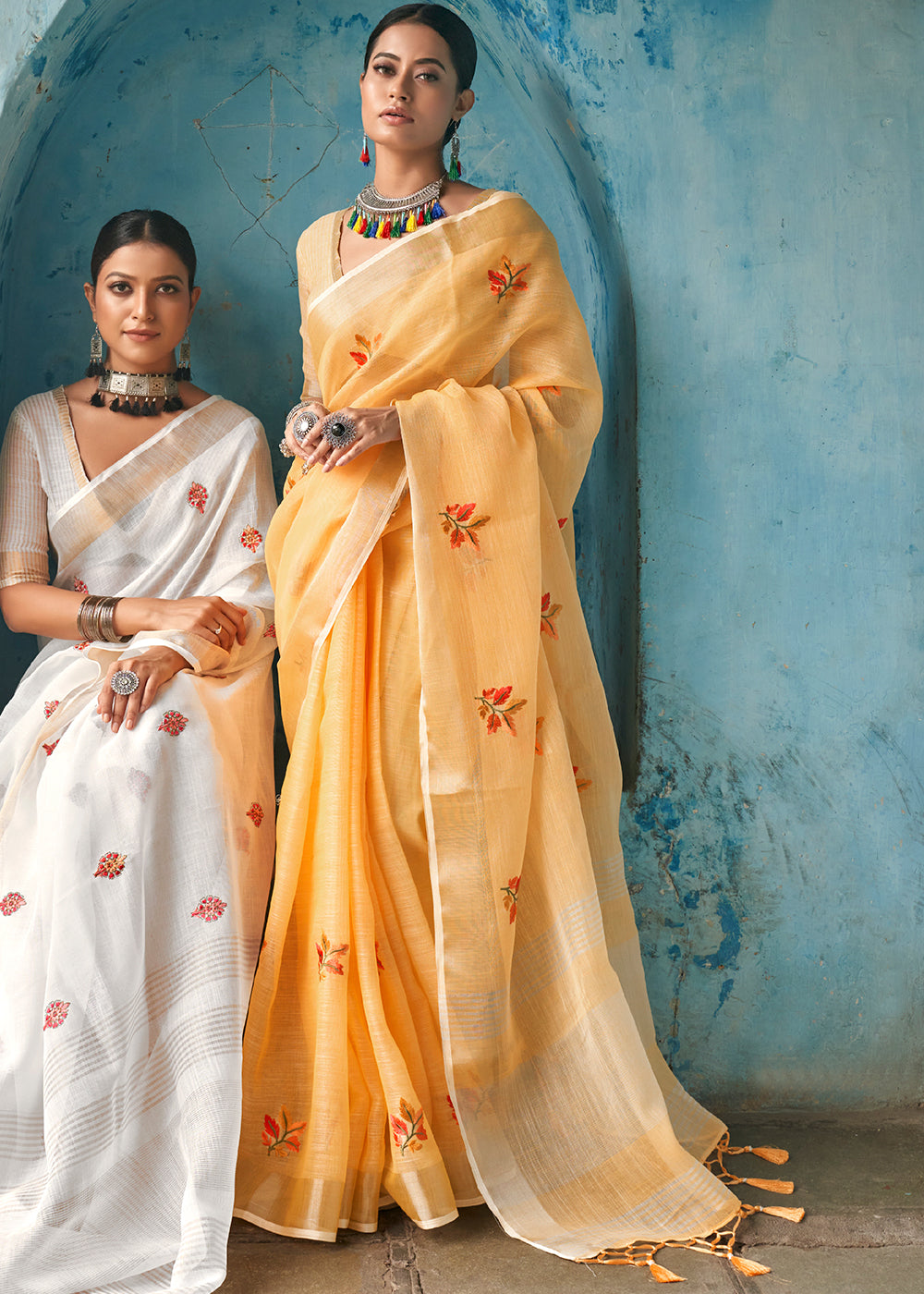 Rob Roy Orange Floral Embroidered Linen Saree