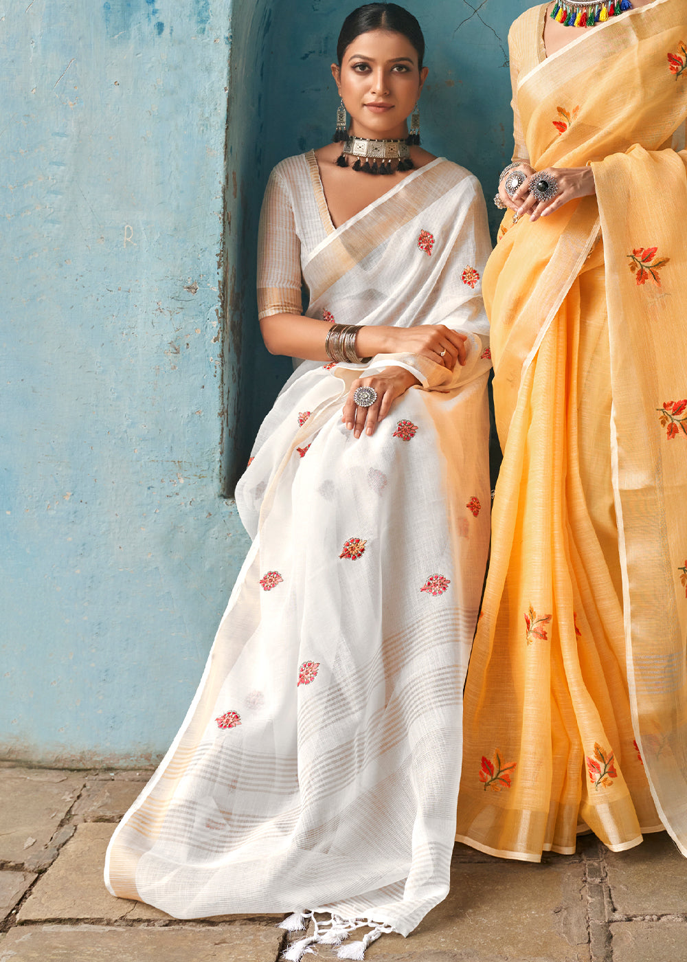 Cararra White Floral Embroidered Linen Saree