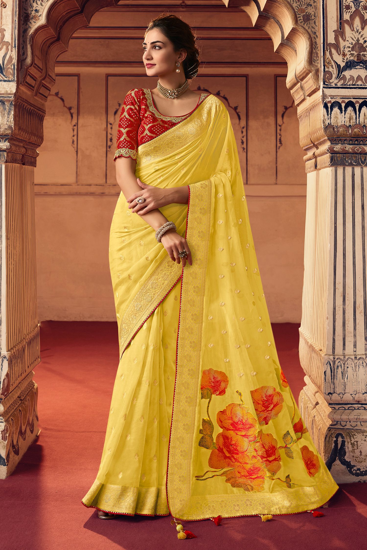 Tulip Yellow and Red Organza Saree with Floral Print