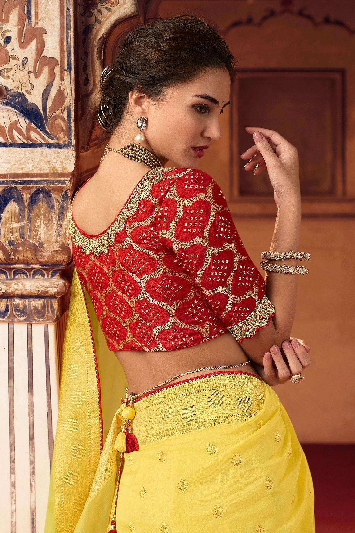 Tulip Yellow and Red Organza Saree with Floral Print