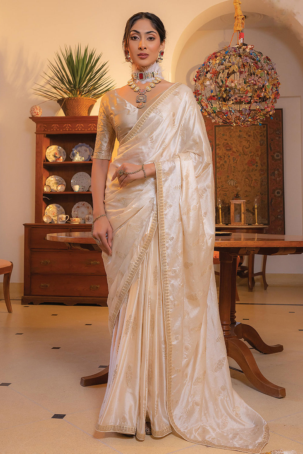 Wafer White Satin Saree with Embroidered Blouse