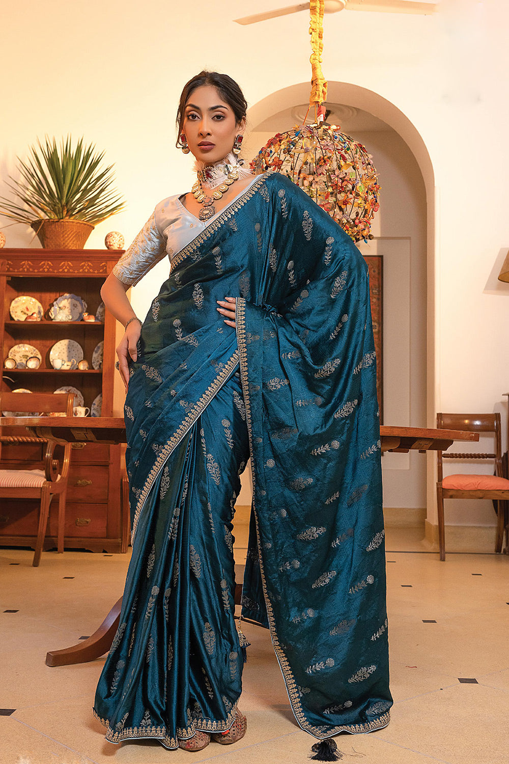 Casal Blue Satin Saree with Embroidered Blouse