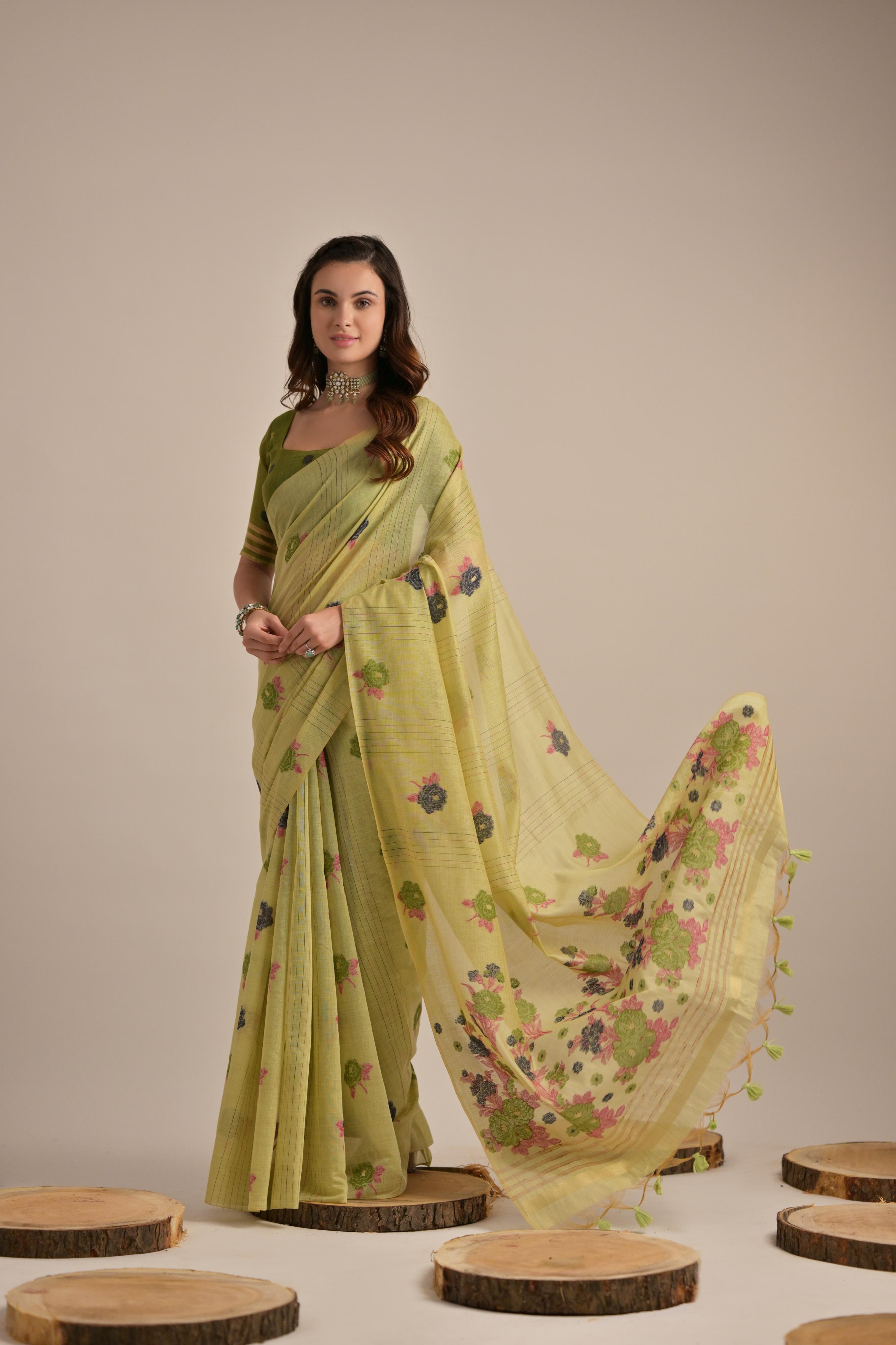 Pea Green Floral Woven Muga Cotton Saree