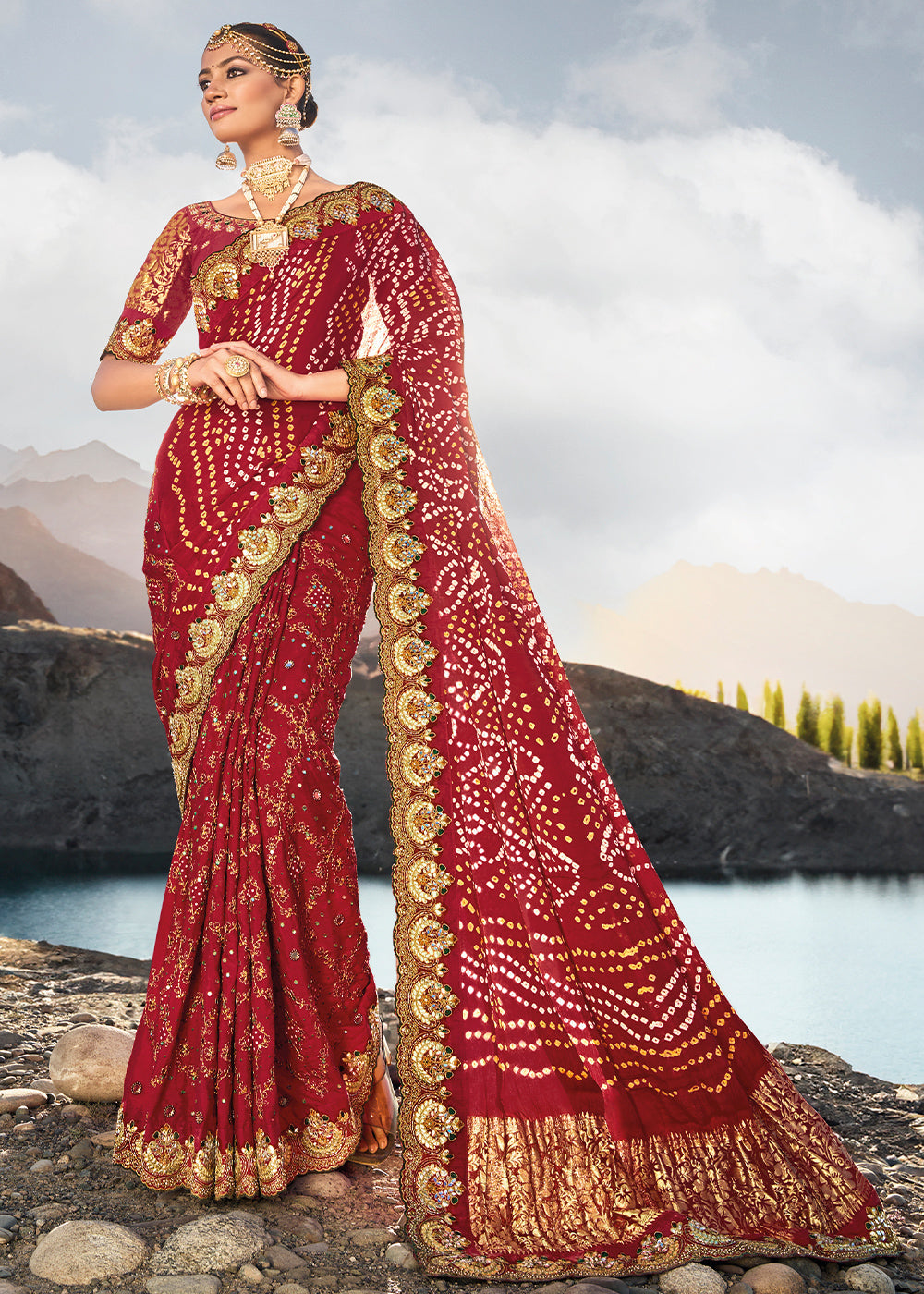 Spicy Maroon Designer Bandej Banarasi Silk Saree