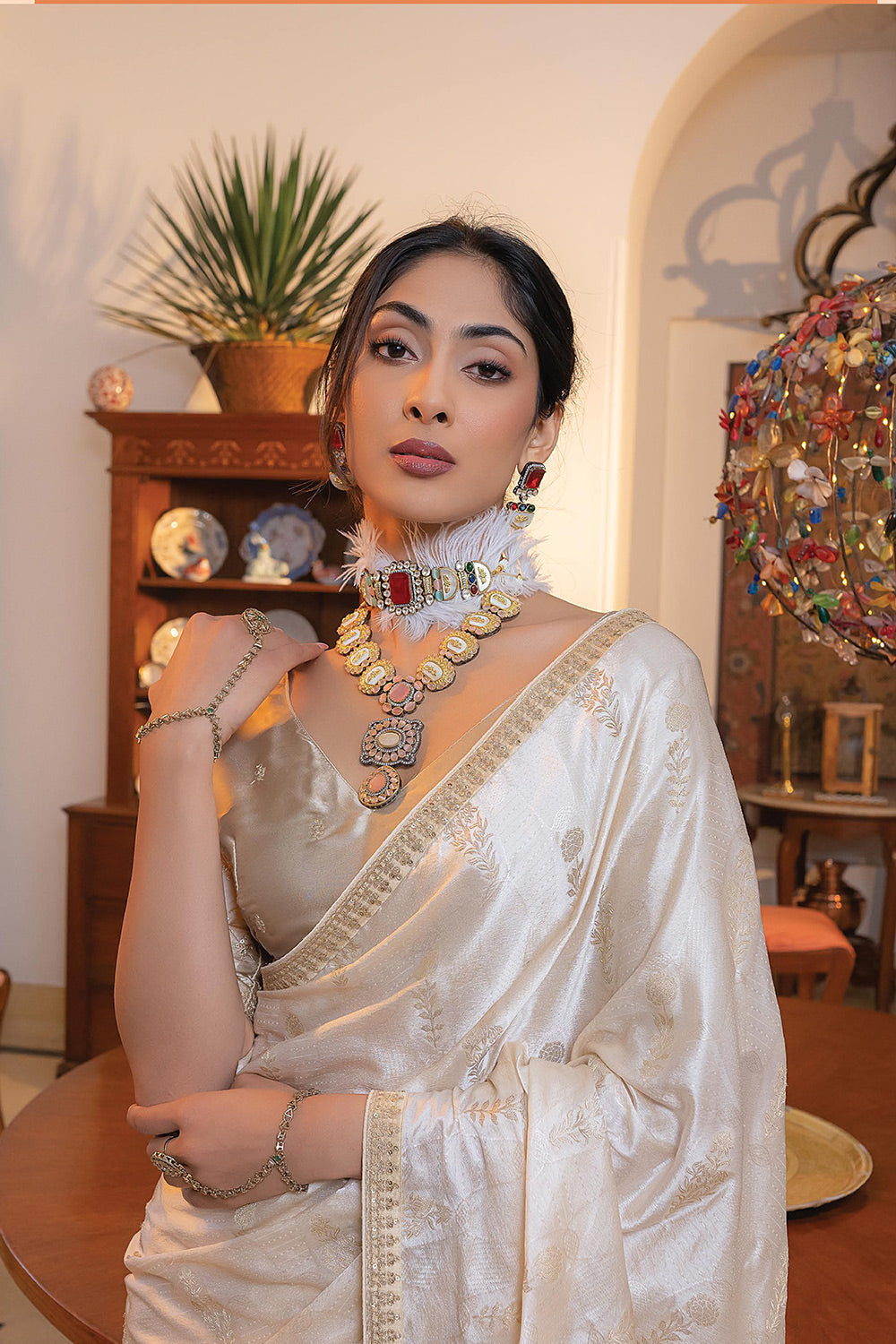 Wafer White Satin Saree with Embroidered Blouse