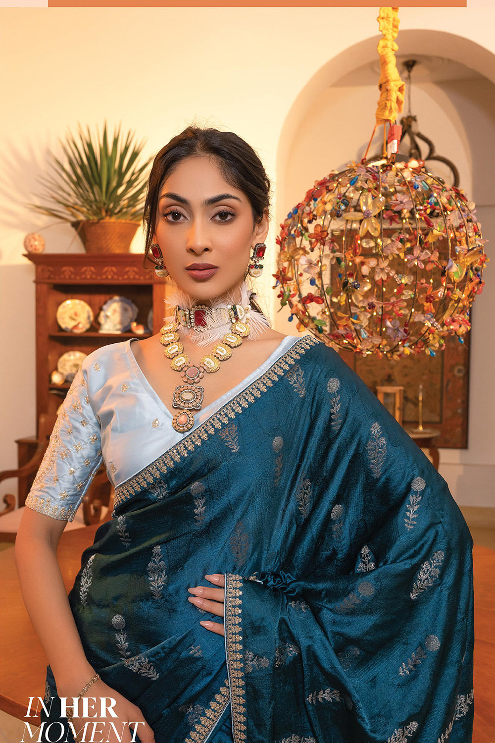 Casal Blue Satin Saree with Embroidered Blouse